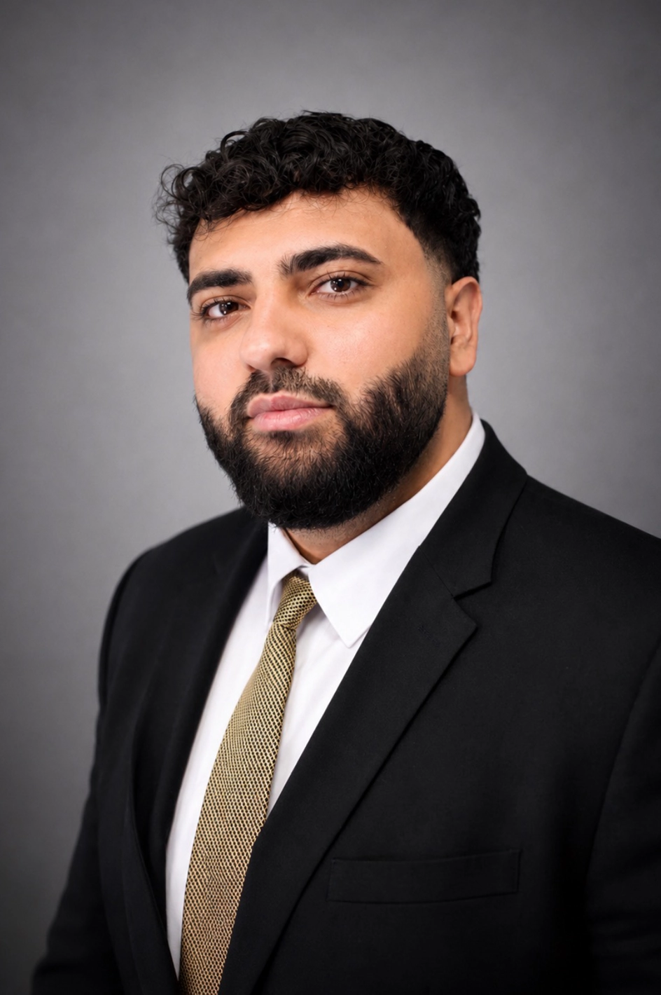 Professional head-and-shoulders portrait of a man in a black suit, white shirt, gold tie, neutral gray background.