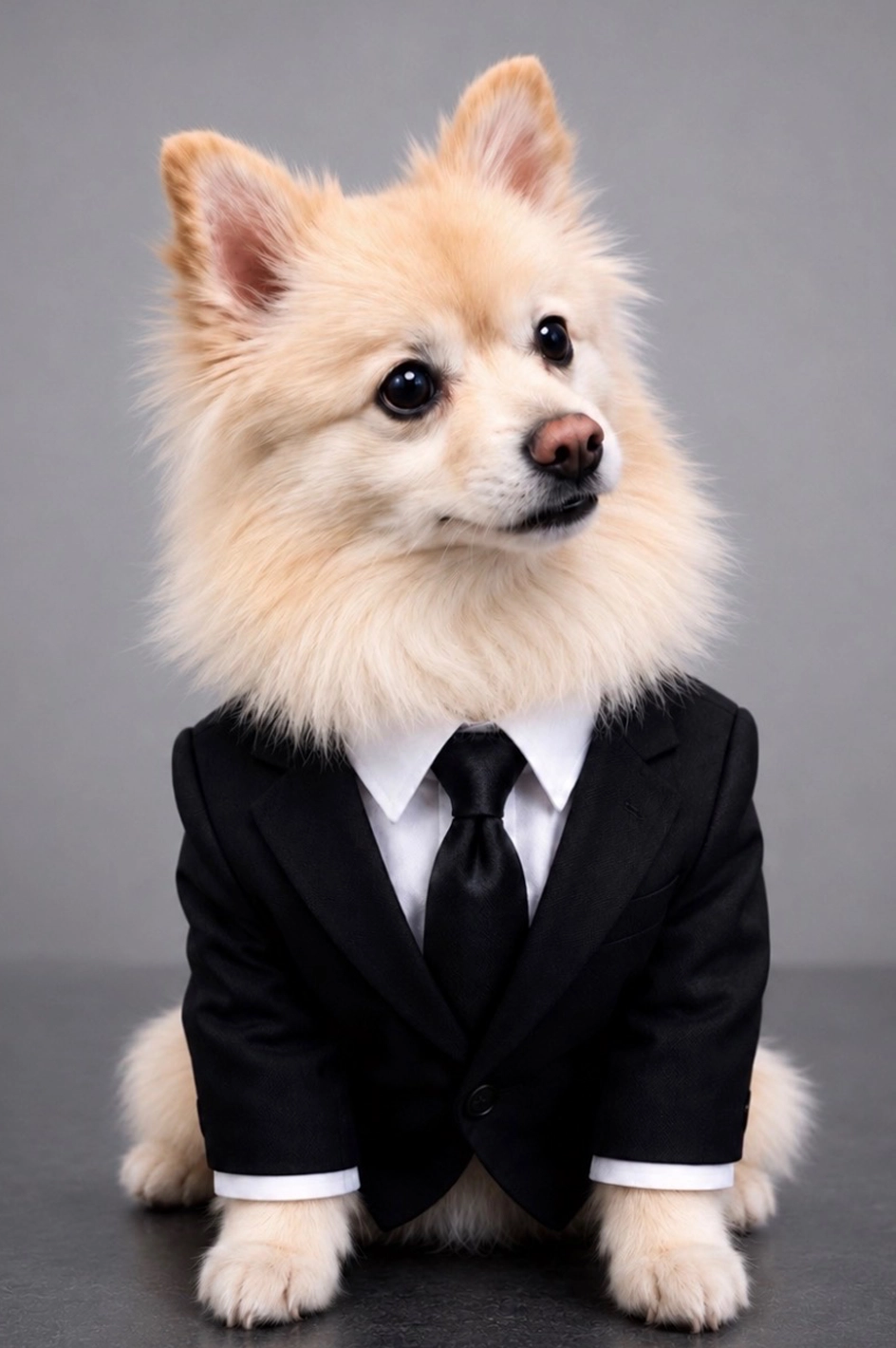 Fluffy Pomeranian wearing a black suit and white shirt with a black tie, sitting on a gray surface and looking to the side.